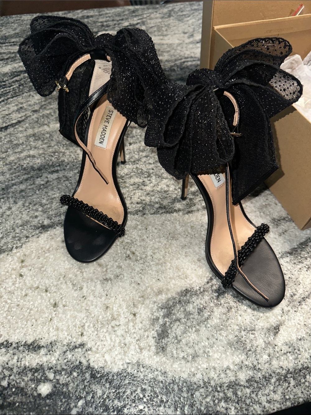 Steve Madden Black Beaded Bow Ankle-Strap Heels